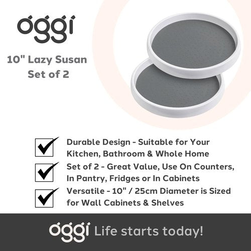 OGGI Set of 2 Lazy Susan Organizers 10"- for Kitchen, Pantry, Cabinet Organizing & Storage. Ideal as Rotating Spice Racks & Pantry Organizers - White/Taupe