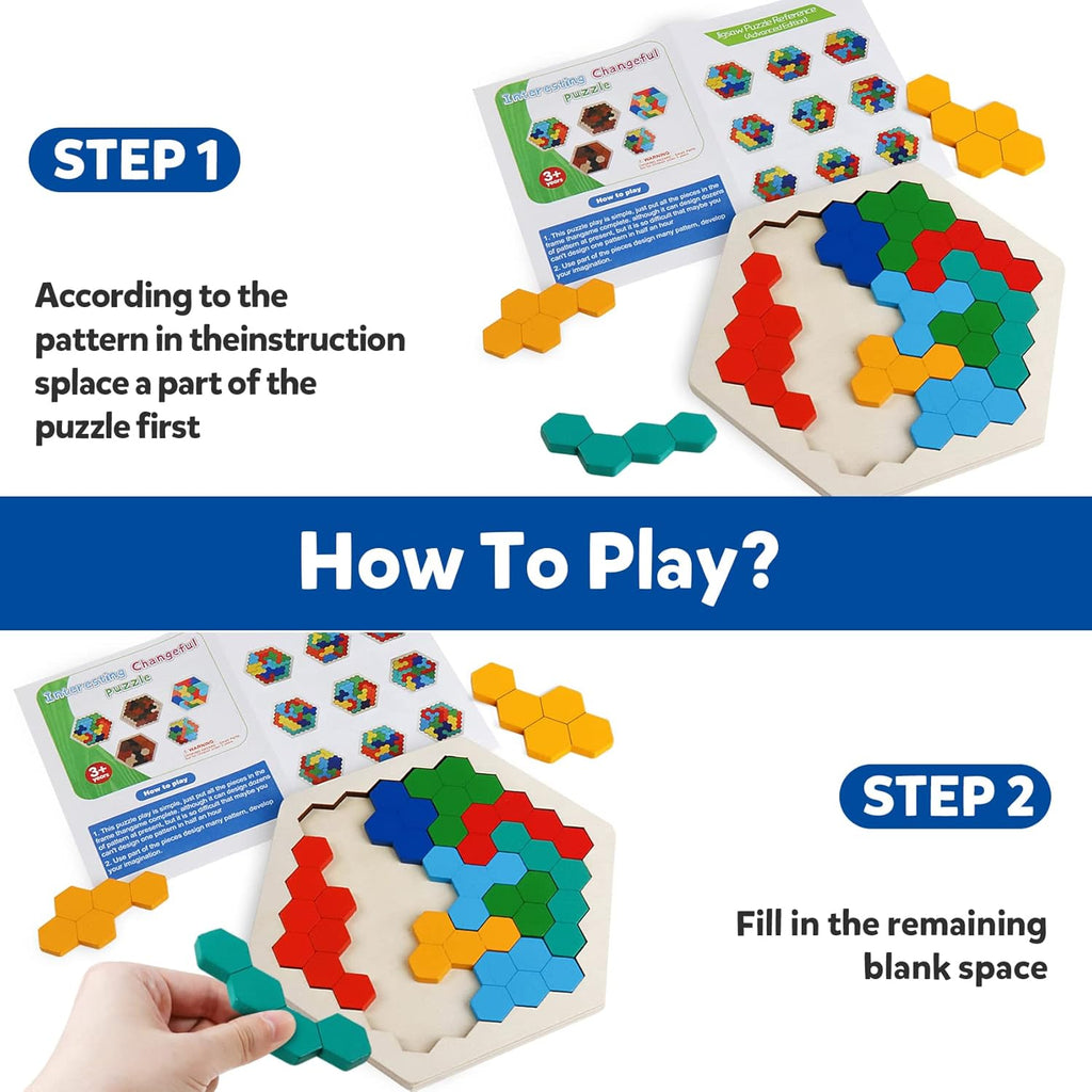 Skrtuan Wooden Blocks Puzzle - Hexagon Brain Teaser for Kids & Adults | STEM Montessori Educational Toy