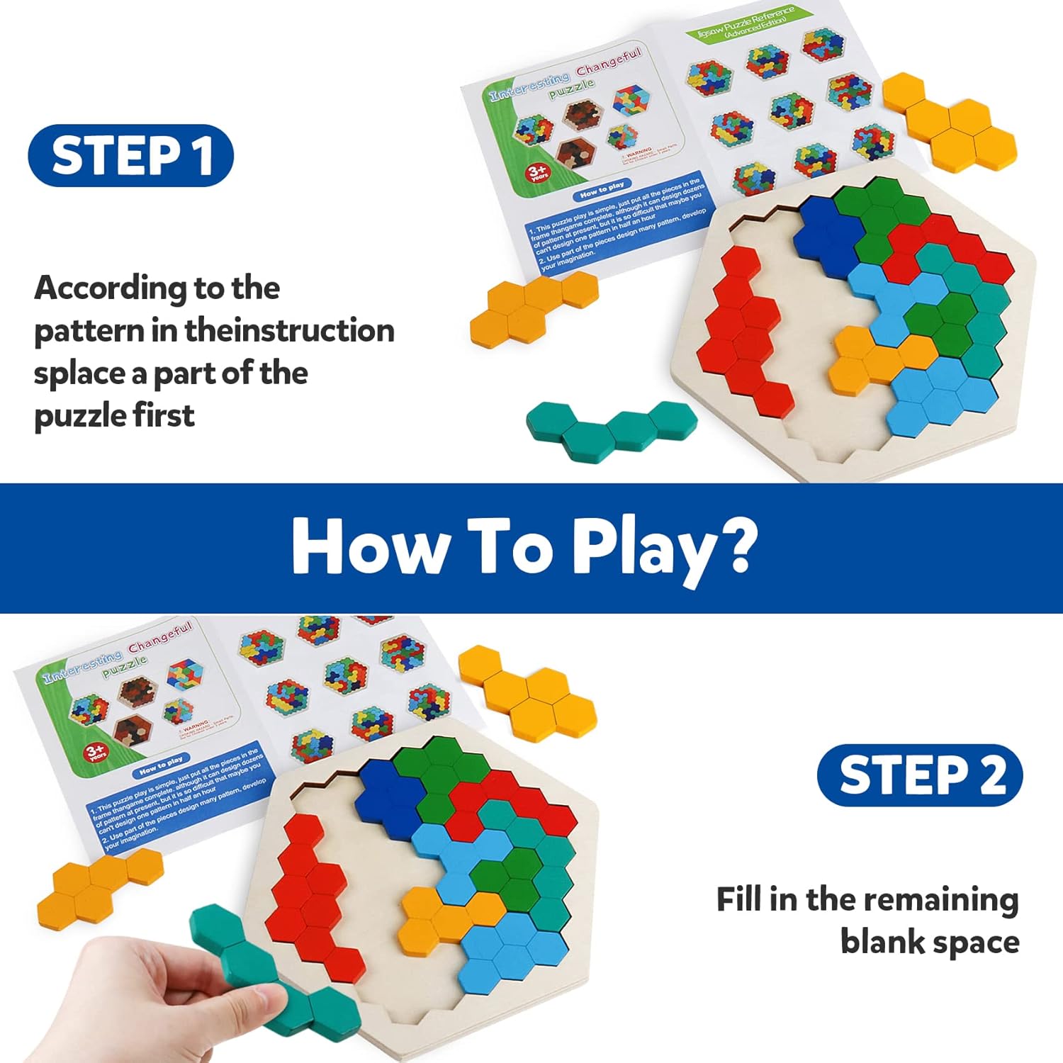 Skrtuan Wooden Blocks Puzzle - Hexagon Brain Teaser for Kids & Adults | STEM Montessori Educational Toy