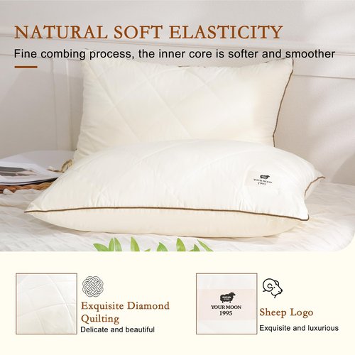 YOUR MOON Organic Wool Pillow Queen Size Set of 2, Natural Wool & Down Alternative Filling, Luxury Hotel Quality Pillows, Soft Support Bed Pillows for Sleeping, 100% Cotton Cover (Off White)