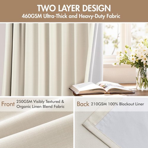 MIULEE 100% Blackout Curtains - Thick Linen, Memory Trained Pleat | 90 Inch Long, 4 Panel Set in Birch
