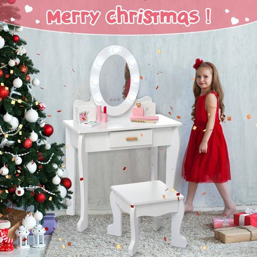 Kids Vanity Set, Pretend Play Girls Vanity Table and Chair Set with Lighted Mirror, Stool, and Wood Makeup Playset, White