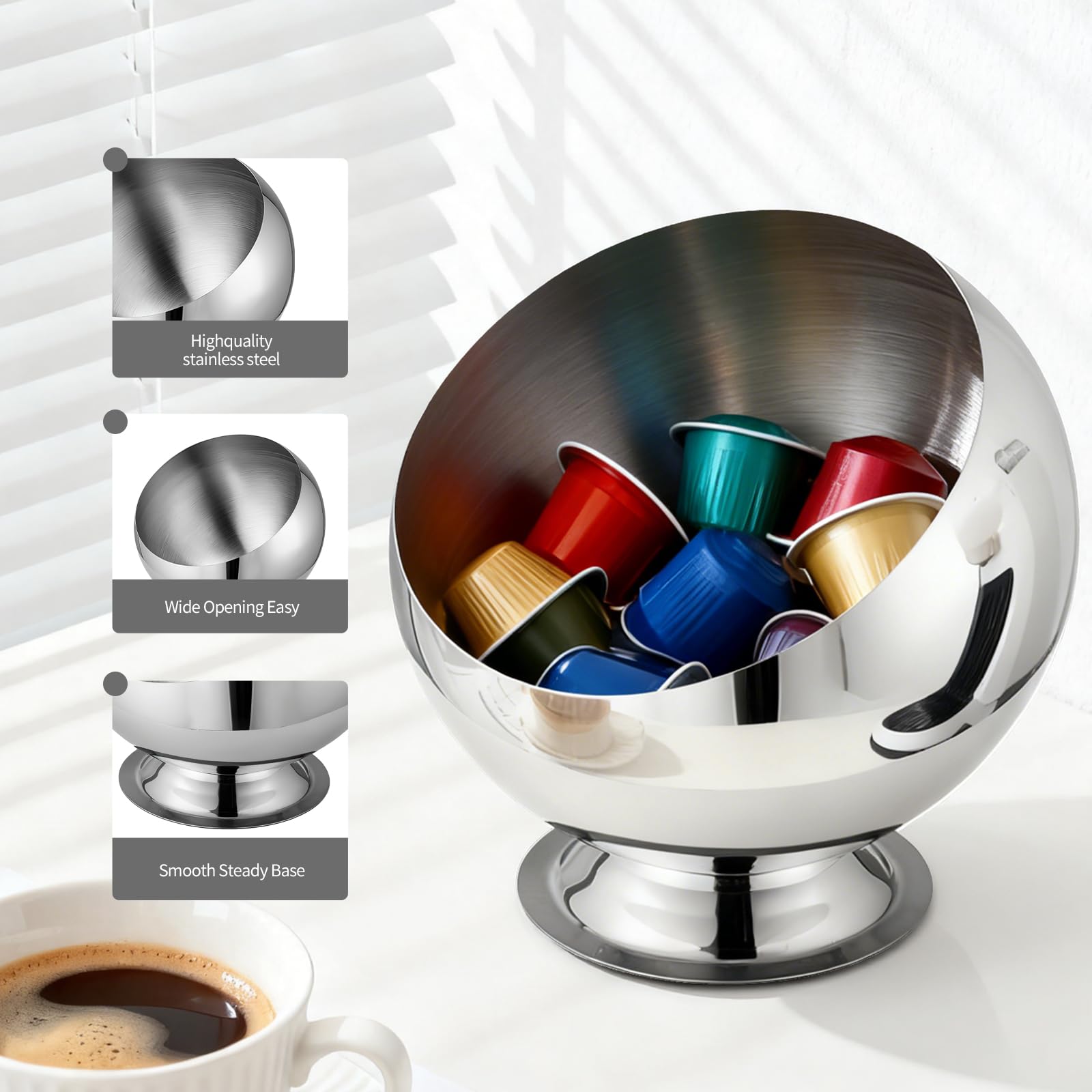 shoxil Coffee Pod Holder - Large Capacity Metal K Cup serve for Nespresso Pod Storage Container with Silver Finish, Multi-Use Creamer & Candy Bowl for Countertop, Coffee Bar Accessories(Silver)
