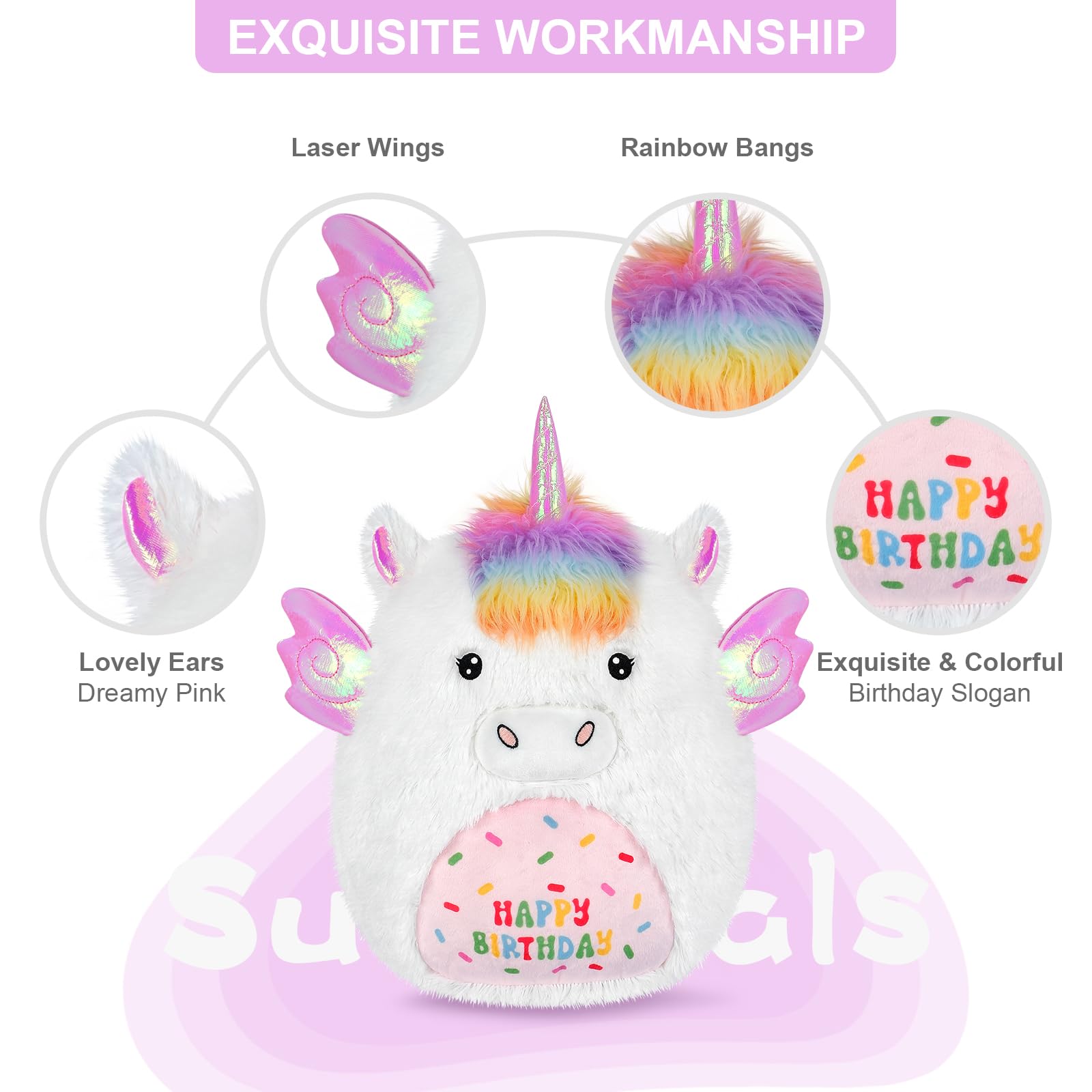 SuzziPals 17'' Happy Birthday Unicorn Plush Pillow, Soft & Squishy, White Unicorn Stuffed Animal for Cuddle, Plushie Room Decor, for Girls & Boys