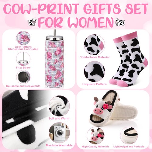FillTouch 6 Pcs Cow Gifts Sets for Women Includes Tumbler Blanket Socks Slippers Tote Bag Keychain Pink Cow Print Stuff for Teachers Mother Nurses Day Birthday Farm Cowgirl Lovers Gifts