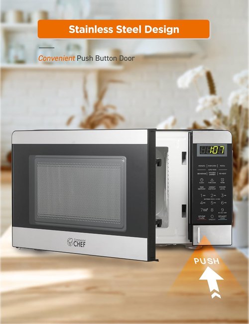 Commercial Chef 0.7 Cu Ft Microwave - 10 Power Levels, 700W, Digital Display, Stainless Steel