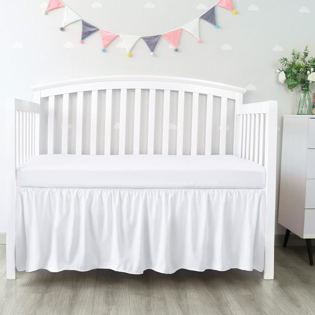 Crib Bed Skirt - Skiennix 28” x 52” Pleated Dust Ruffle | Adjustable Fit for Toddler Beds, Soft White