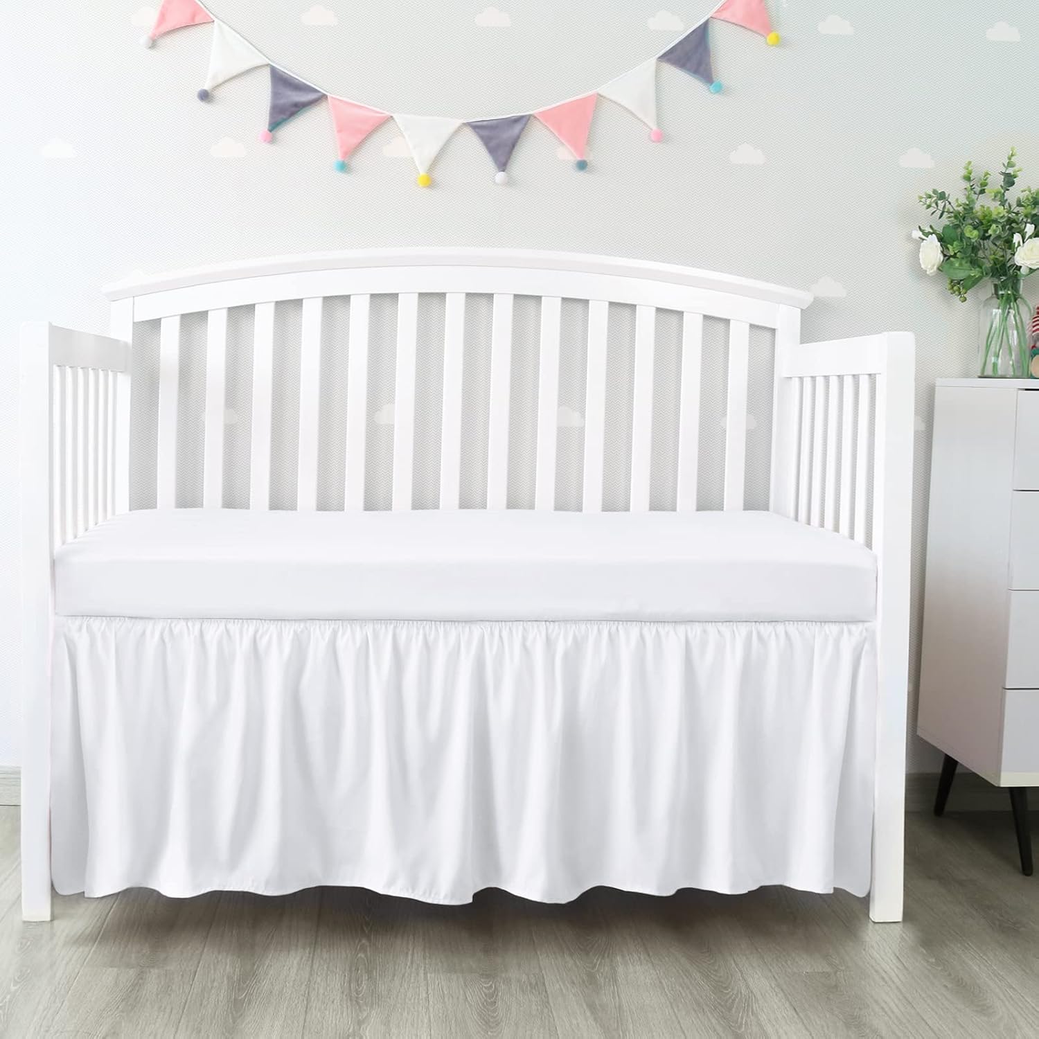 Crib Bed Skirt - Skiennix 28” x 52” Pleated Dust Ruffle | Adjustable Fit for Toddler Beds, Soft White