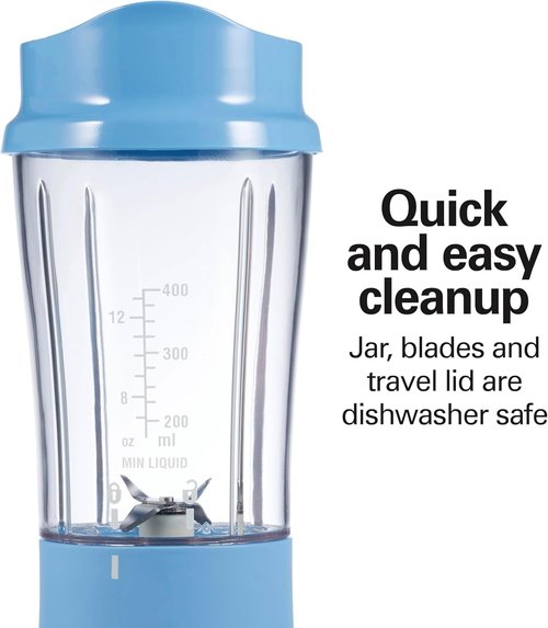 Hamilton Beach Portable Blender - 14 Oz BPA-Free Travel Cup & Lid, Durable Stainless Steel Blades, Tranquil Blue