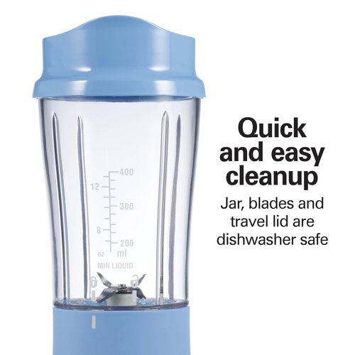 Hamilton Beach Portable Blender for Shakes and Smoothies, 14 Oz BPA Free Travel Cup & Lid, Durable Stainless Steel Blades, Personal Smoothie Blender, Tranquil Blue (51172)