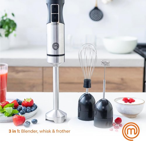 MasterChef Immersion Blender - Handheld Stainless Steel Stick Mixer with Whisk & Frother Attachments | 400W for Soups, Purees, and Lattes