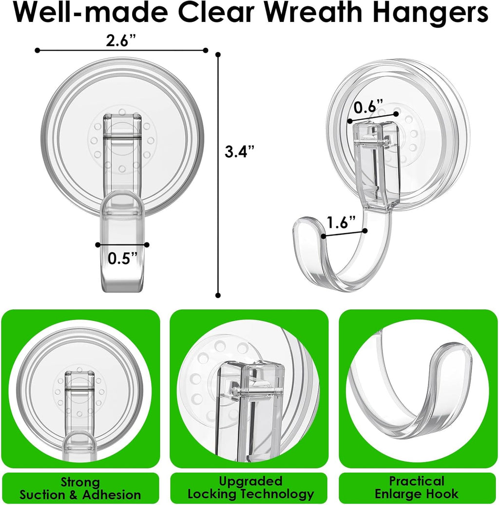 Clear Wreath Hanger - 22 LB Strong Suction Cup Hooks for Fall & Christmas Decor | 2 Pack