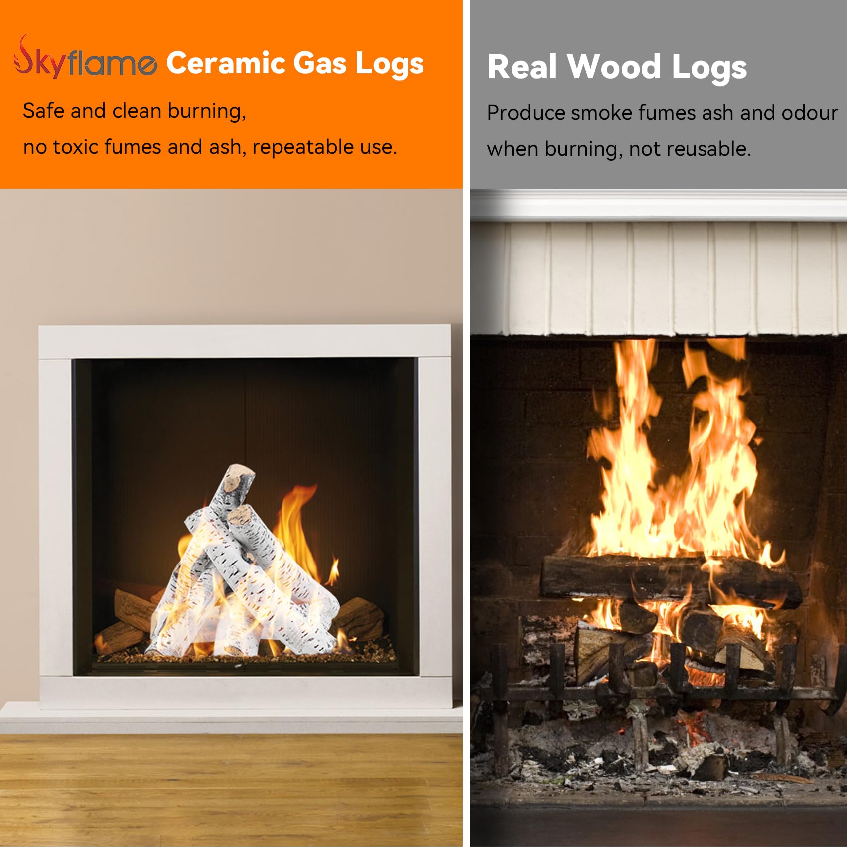 Skyflame 6 Piece Set of Gas Fireplace Logs, Large White Birch Ceramic Logs for All Types of Indoor/Outdoor Gas Inserts, Ventless, Fireplaces and Fire Pits
