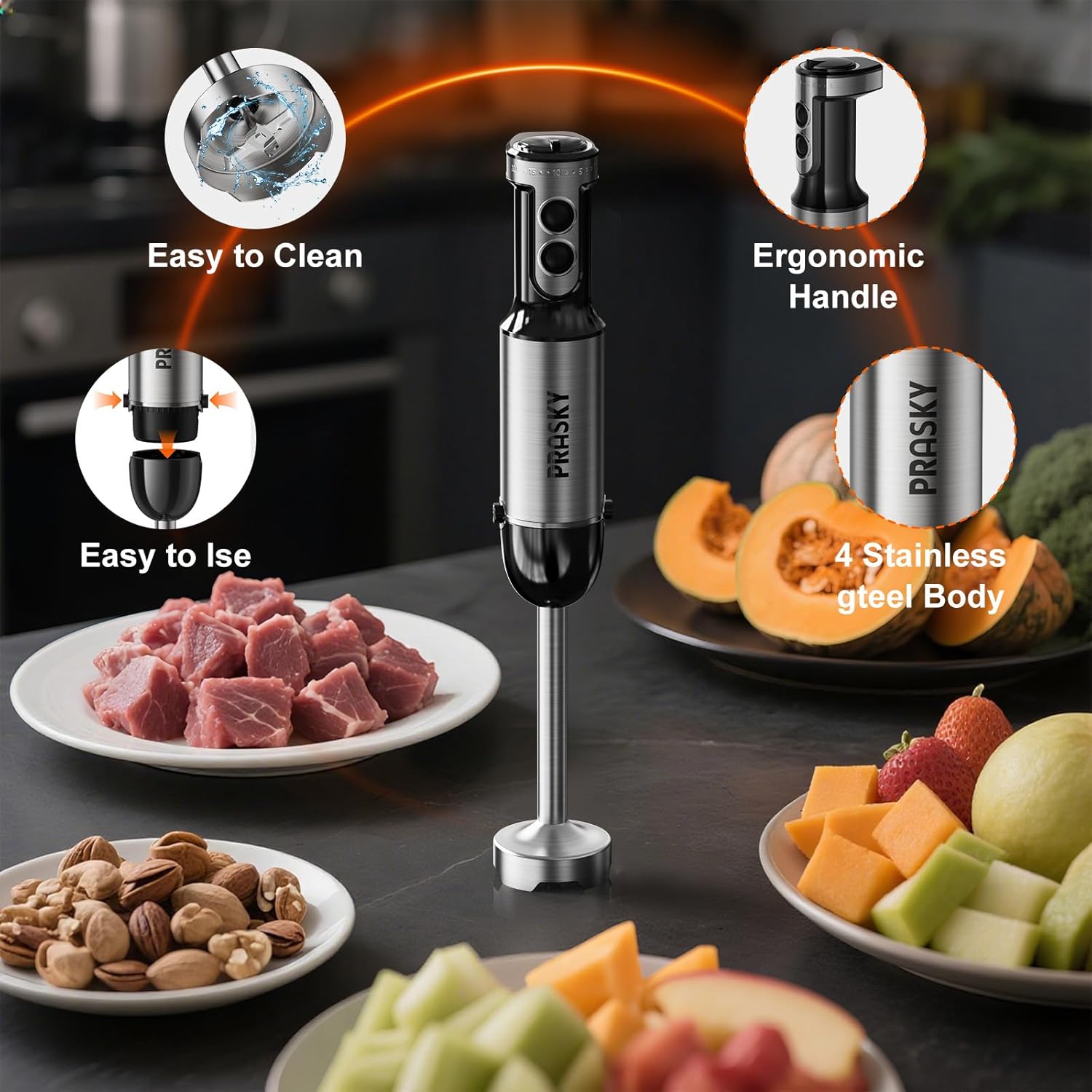 Skiennix Immersion Blender - 20-Speed Handheld Blender with Turbo Mode & Stainless Steel Blades | 600ml Beaker & 500ml Chopper (Silver)