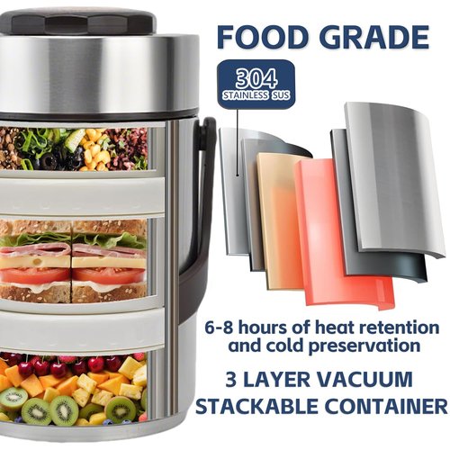 Vacuum Insulated Food Container Set with 3 Stackable Compartments - 67oz Adults Thermal Lunch Box, Leak-Proof Stainless Steel Wide Mouth Thermal Food Jar for Hot Food, Office & Outdoor