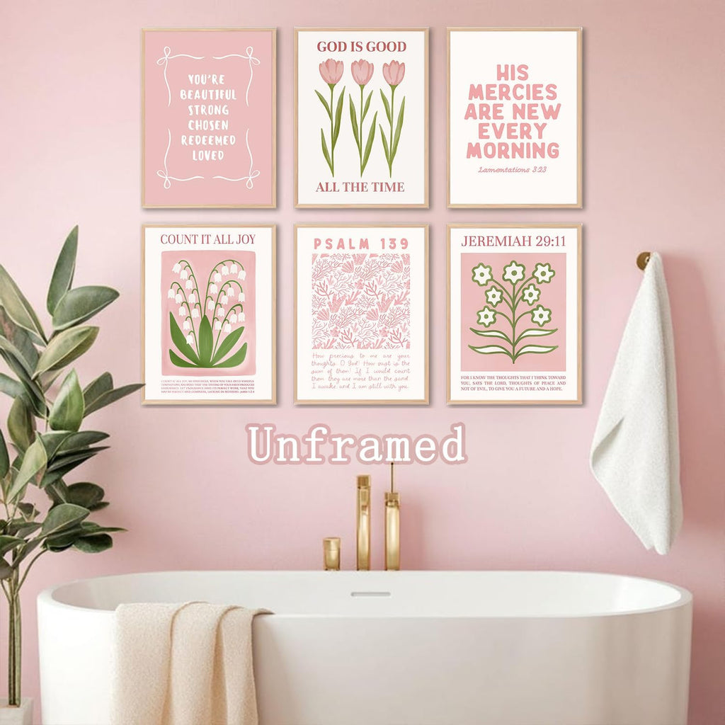 Skiennix 6Pcs Pink Christian Bible Verse Wall Art - Floral Scripture Quotes for Bedroom | 8x10 Inch Unframed