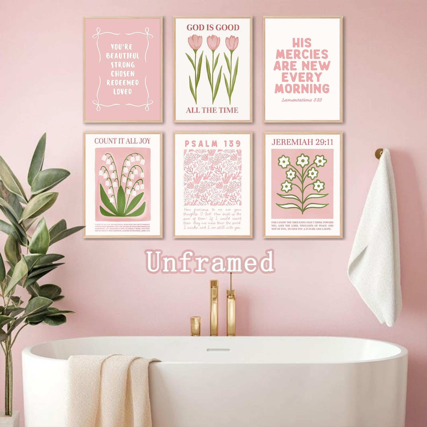Skiennix 6Pcs Pink Christian Bible Verse Wall Art - Floral Scripture Quotes for Bedroom | 8x10 Inch Unframed