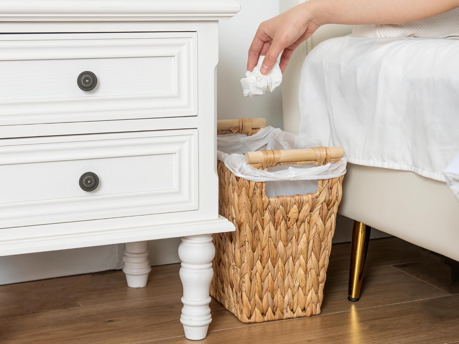 StorageWorks Wicker Waste Basket - Stylish Bathroom Trash Can with Wooden Handles | 12 Liters