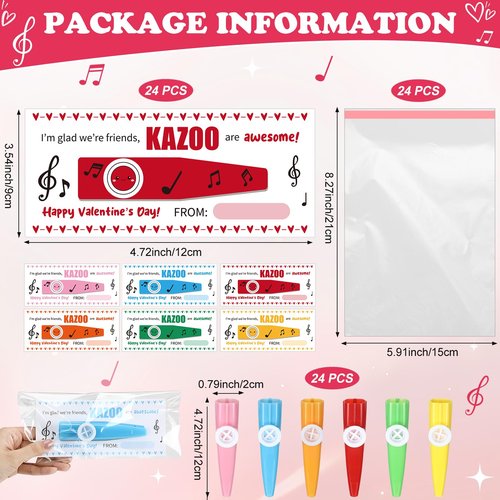 Joyfolk 24 Set Valentines Day Gifts Plastic Kazoos with Happy Valentine's Day Cards Opp Bags for Adults Fun Musical Instruments Party Favors Gift Bag Fillers Good Companion for Guitar Ukulele,6 Colors