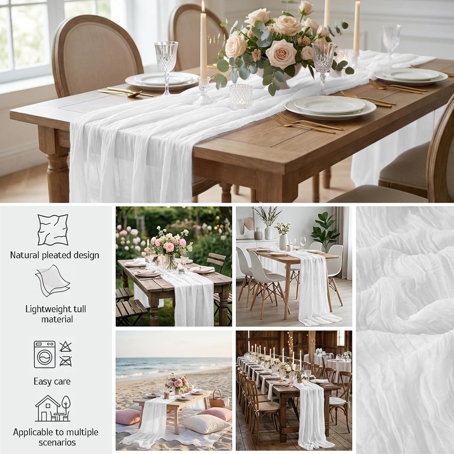 Skiennix 12 Pack White Spring Easter Table Runners - 10FT Boho Gauze Cheesecloth | 21 x 120 Inch for Weddings & Parties