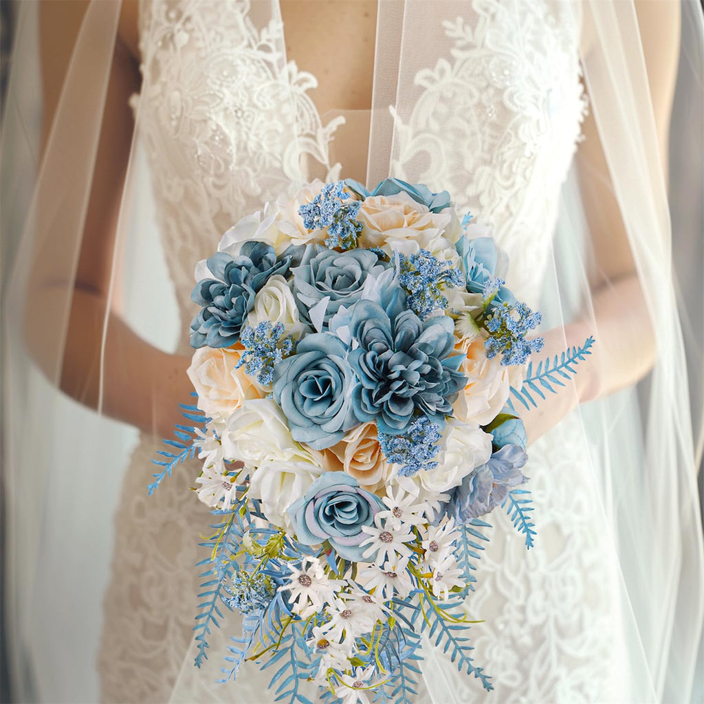 Dusty Blue Rose Bouquets for Bride Wedding White Navy Blue Champagne Cascading Bridal Bouquet Artificial Silk Flower Boho Rustic Ceremony Anniversary Decor Summer Fall Winter Wedding Toss Bouquet