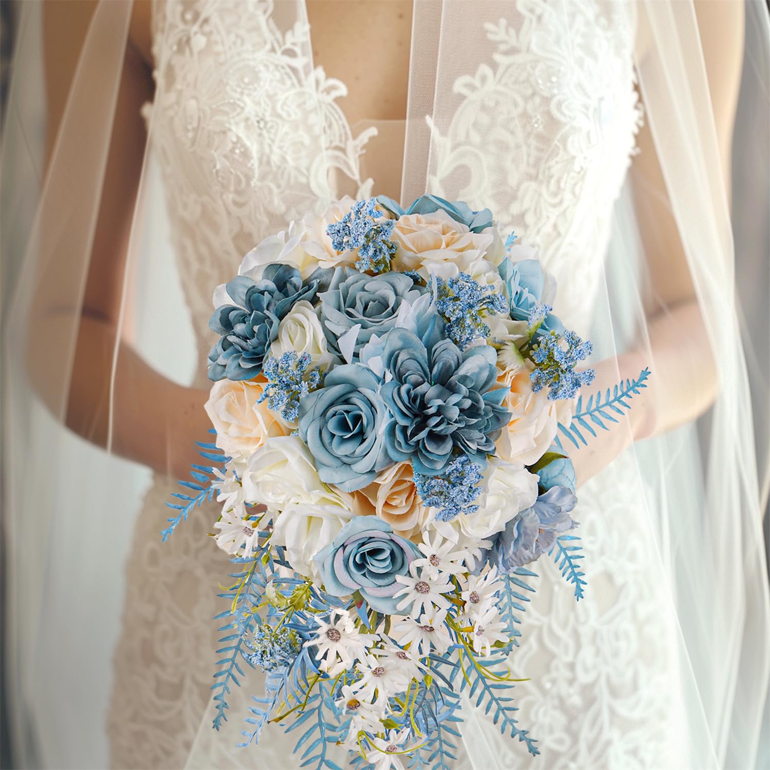 Dusty Blue Rose Bouquets for Bride Wedding White Navy Blue Champagne Cascading Bridal Bouquet Artificial Silk Flower Boho Rustic Ceremony Anniversary Decor Summer Fall Winter Wedding Toss Bouquet
