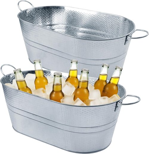 2 PCS 15.3 x 9 x 6 inches Silver Metal Galvanized Tub with Handles, 3 Gallon Galvanized Beverage Tubs for Parties, Large Metal Drink Ice Buckets for Beer, Wine, Cocktails & Outdoor Events