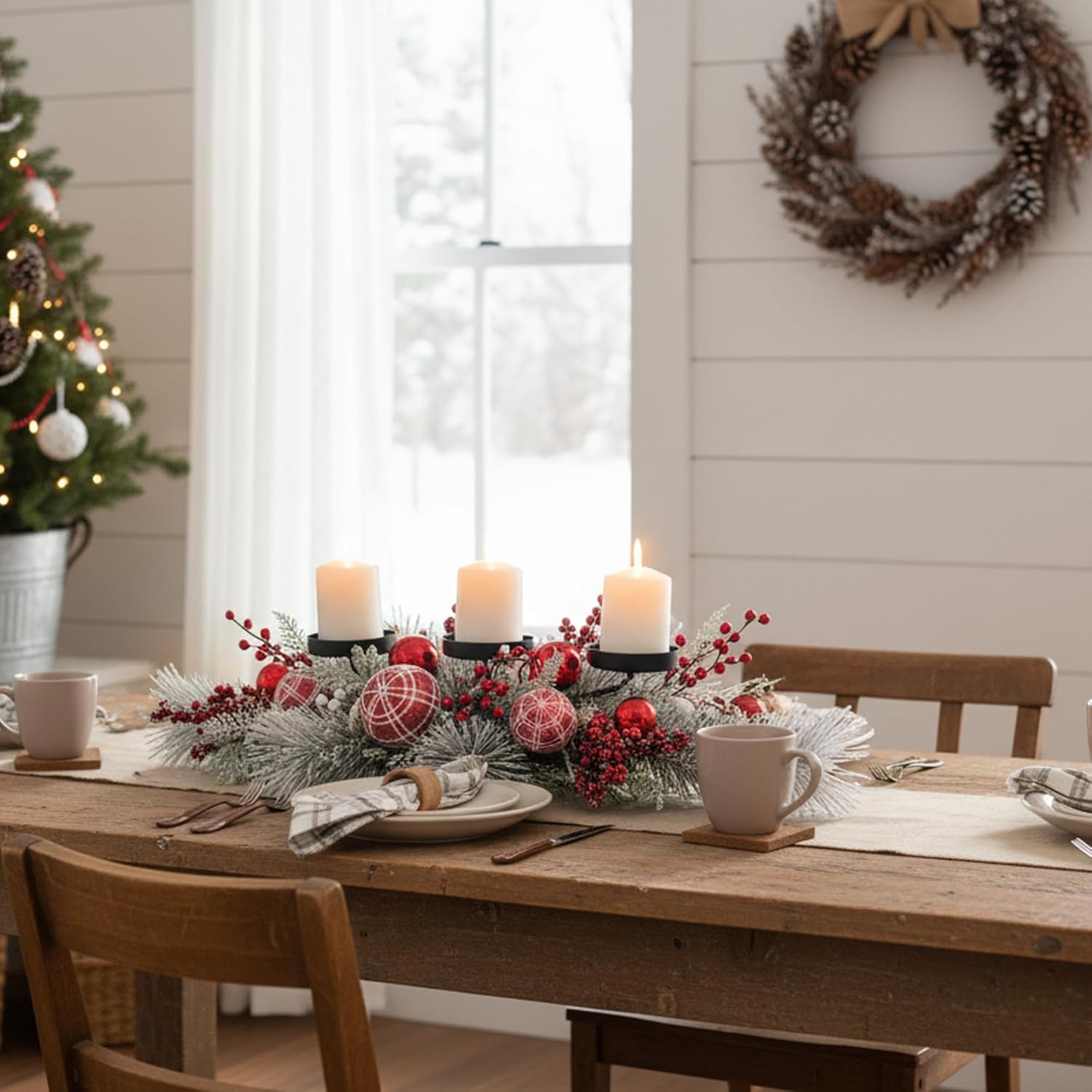 Regine Switzerland Christmas Candle Holder Centerpiece - Red Ornaments & Frosted Pine Branches | Holiday Table Decoration