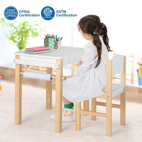 Costzon Kids Table and Chair Set, Toddler Art Table with Paper Roll, Drawer, 2 Marker Pens, Wooden Activity Table, Suitable for Playroom, Nursery, Gift for Boys Girls