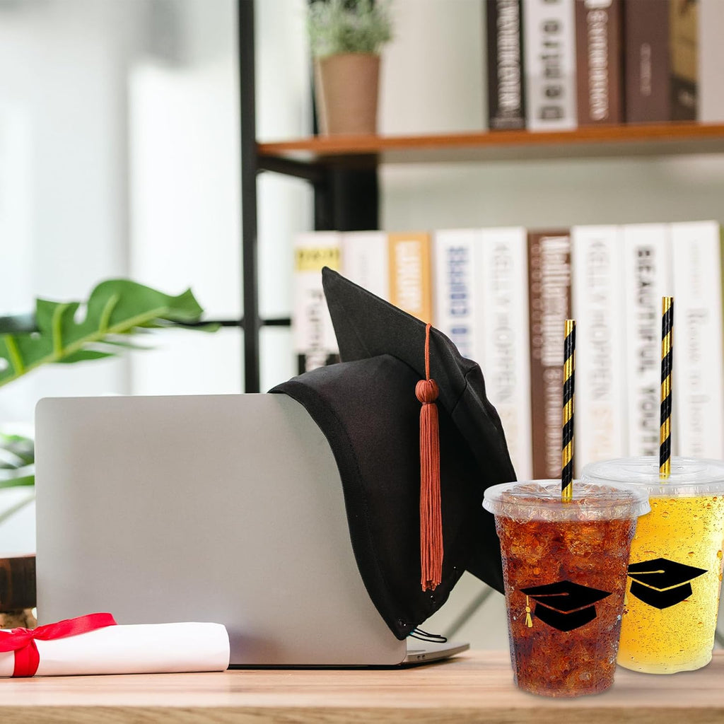 Whaline 50Pcs 12Oz Graduation Cups - Black Plastic Cups with Lids & Straws for Party Supplies