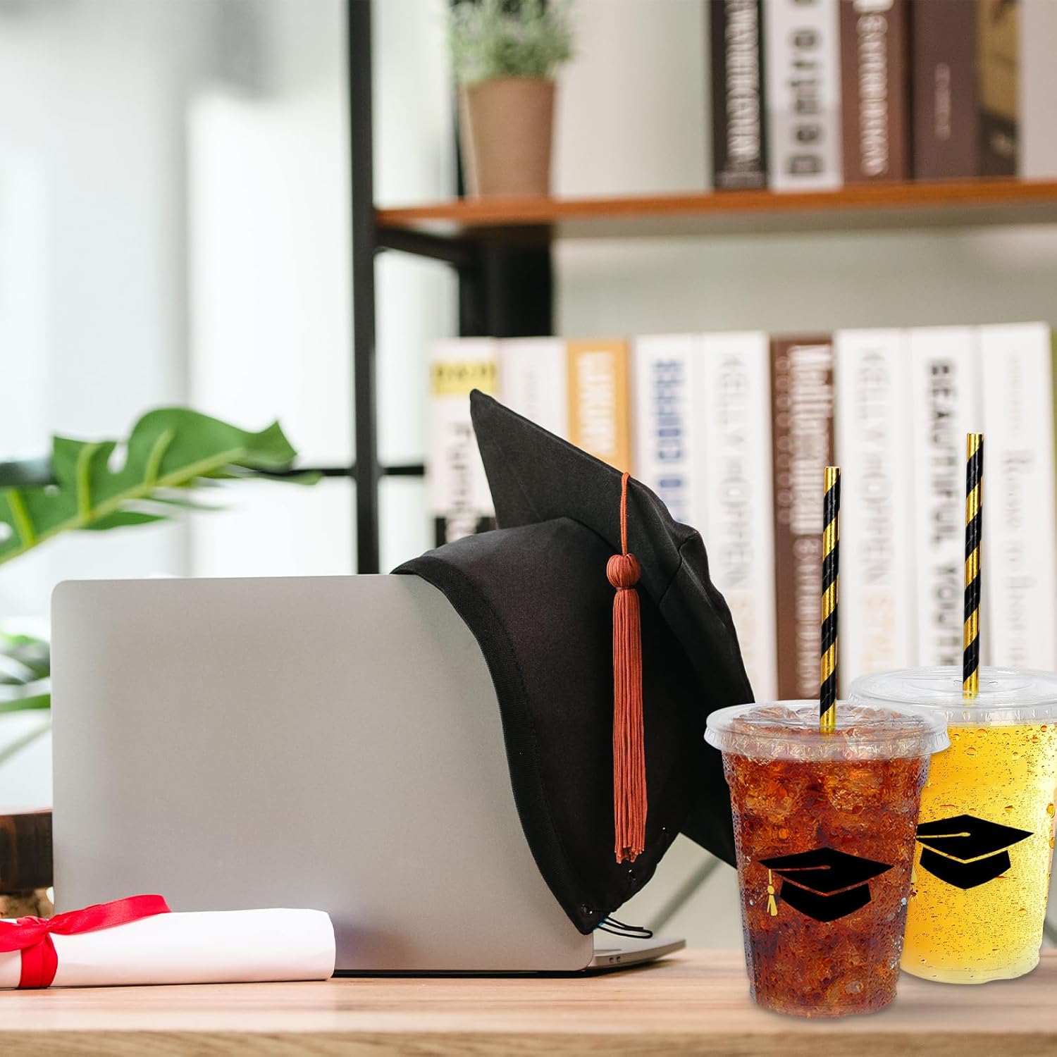 Whaline 50Pcs 12Oz Graduation Cups - Black Plastic Cups with Lids & Straws for Party Supplies