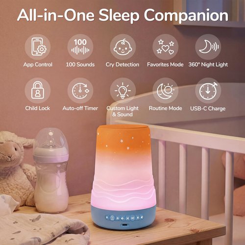 Mewaii White Noise Sound Machine Baby & Adult with Night Light | AI Cry Detection, App Remote Control, 100 Soothing Sounds, Sleep Routine Builder, 360° RGB Kids Nursery Baby Essentials Shower Gift