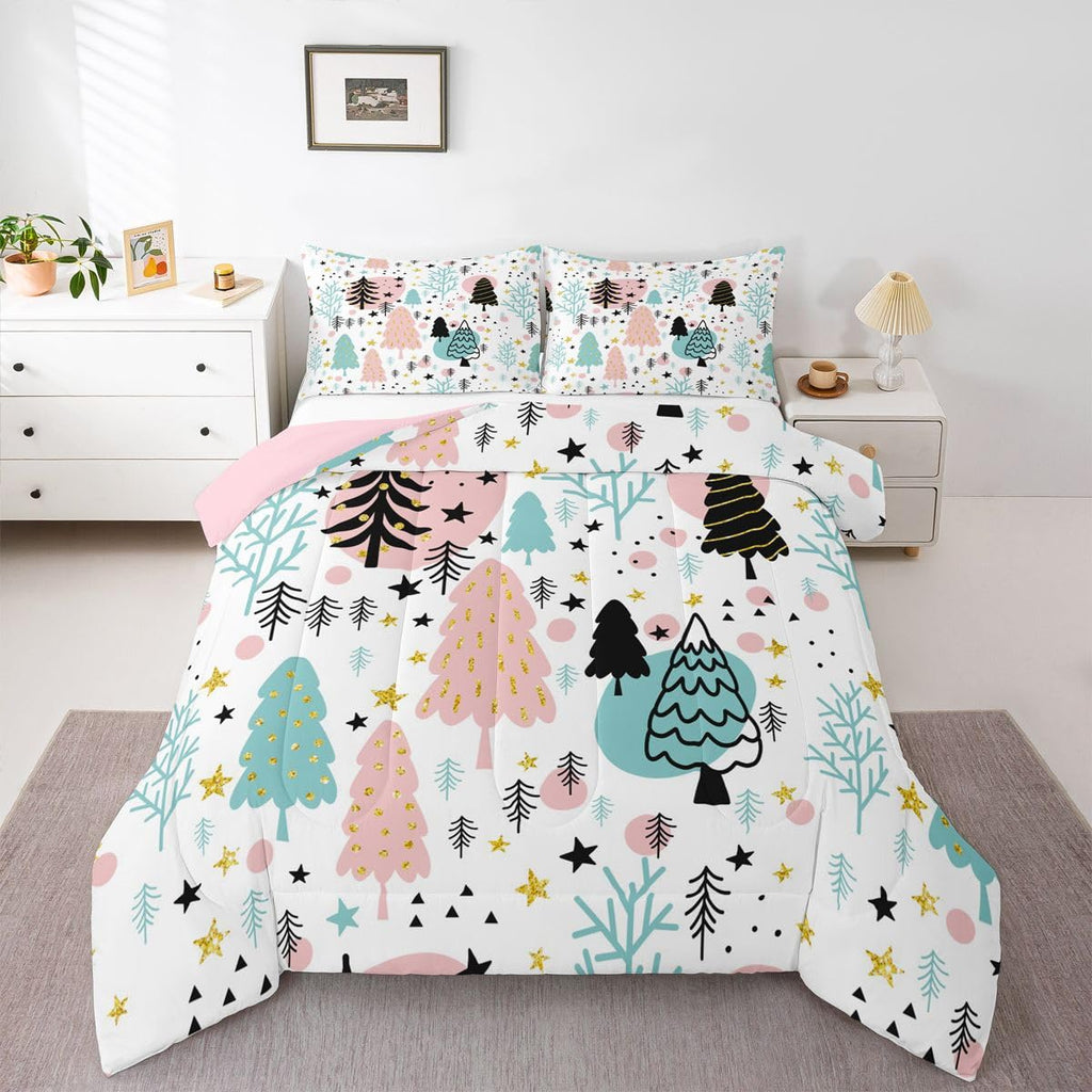 Xmas Comforter Set Queen Size Merry Christmas Bedding Winter Themed Bedding Comforter Sets Pine Snowflake Print Duvet Sets for Boys Girls Kids Happy New Year Gifts Christmas Decor Quilt 3 Piece