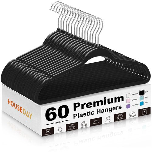 HOUSE DAY Black Plastic Hangers 60 Pack - Heavy Duty Non-Velvet Hangers with 360° Swivel Chrome Hook & Non Slip Notches - Slim Space Saving Clothes Hangers Ideal for Dresses Coats Shirts Jackets