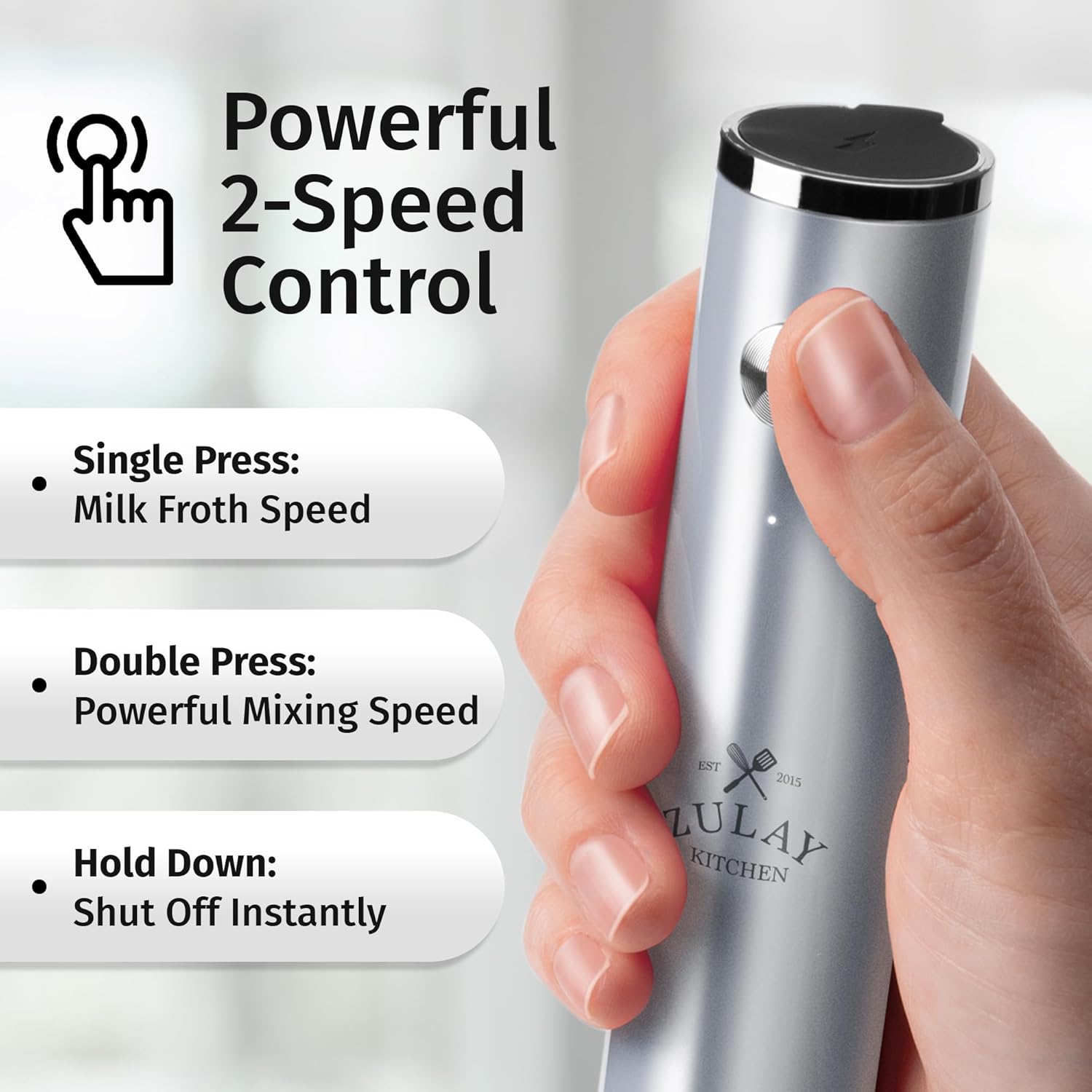 Zulay Kitchen Rechargeable Milk Frother - Powerful 2-Speed Motor, Waterproof, 2000mAh Battery | Perfect for Latte, Cappuccino, Matcha & Protein Drinks - Pure Silver