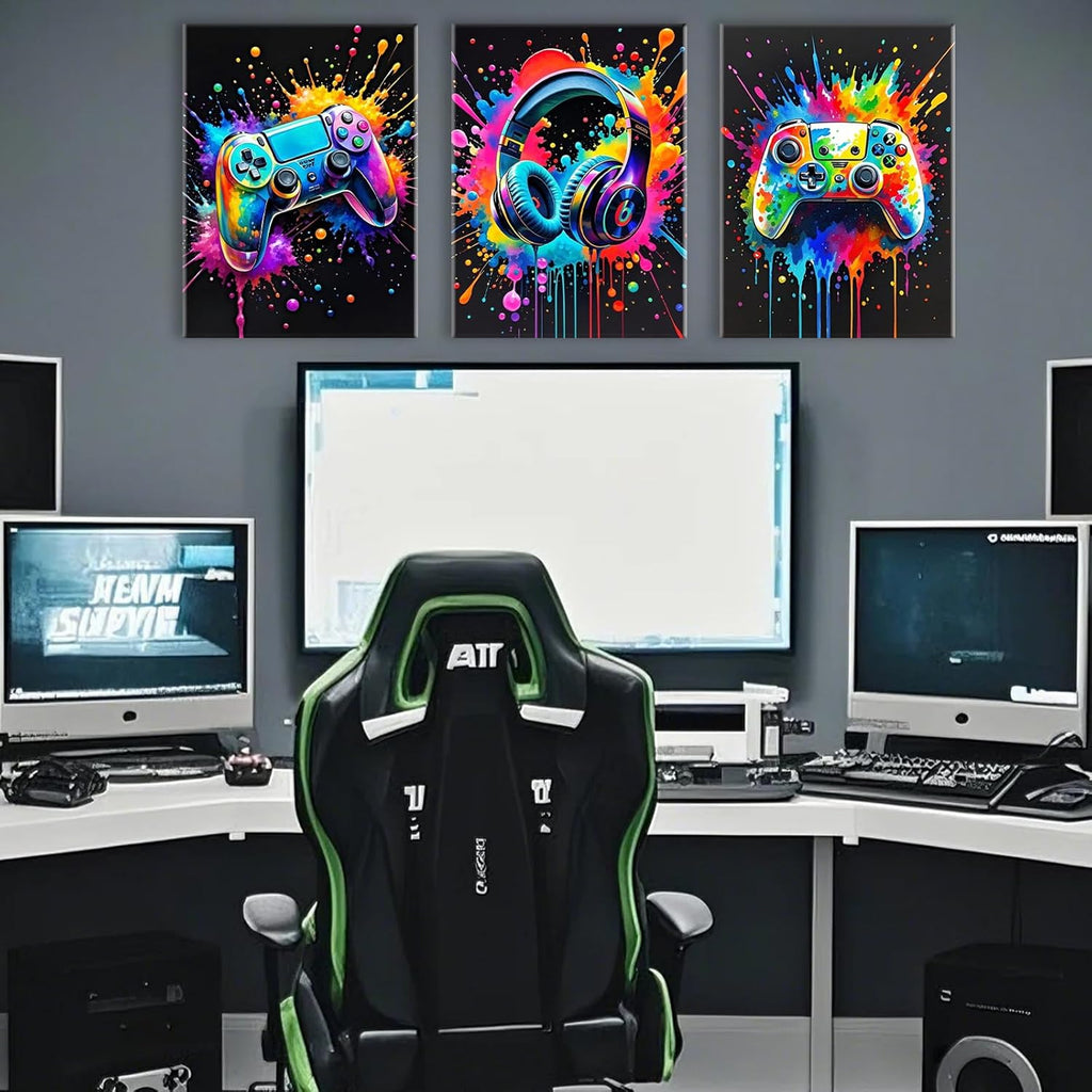 Skiennix Gaming Room Wall Art - Colorful Canvas Posters for Gamers | 12x16 Inch Framed Prints