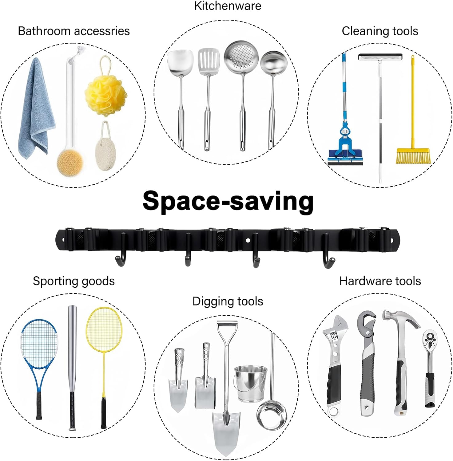 Skiennix Mop and Broom Holder - Heavy Duty Wall Mount Organizer with 5 Racks & 4 Hooks | Non-Slip, Self-Adhesive