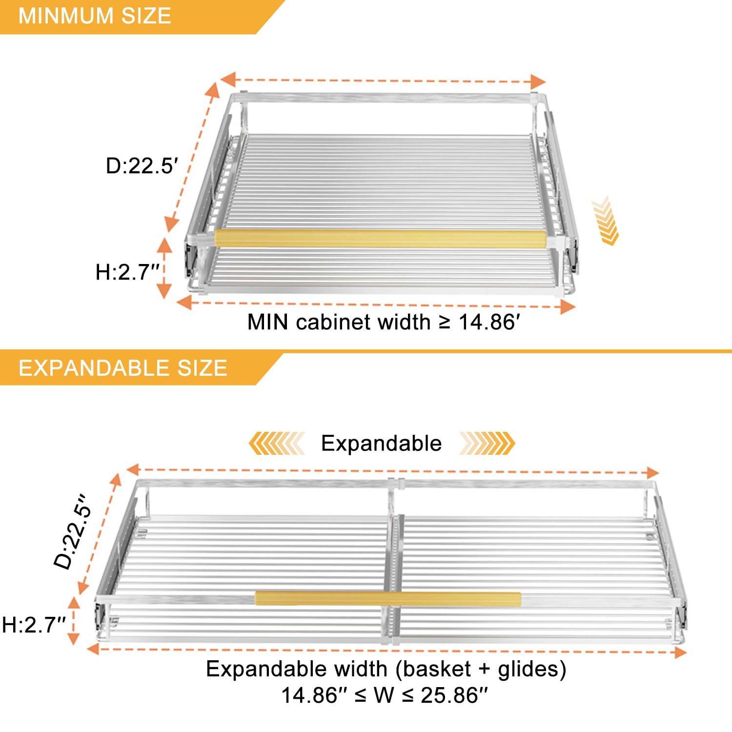 SANNO Chrome Expandable Pull Out Kitchen Cabinet Organizer, 14"-25" Width, 22.24" Depth, 2.7" Height, 2 Shelves, Modern Style, Bottom-Mounted, Easy Install, Kitchen Use