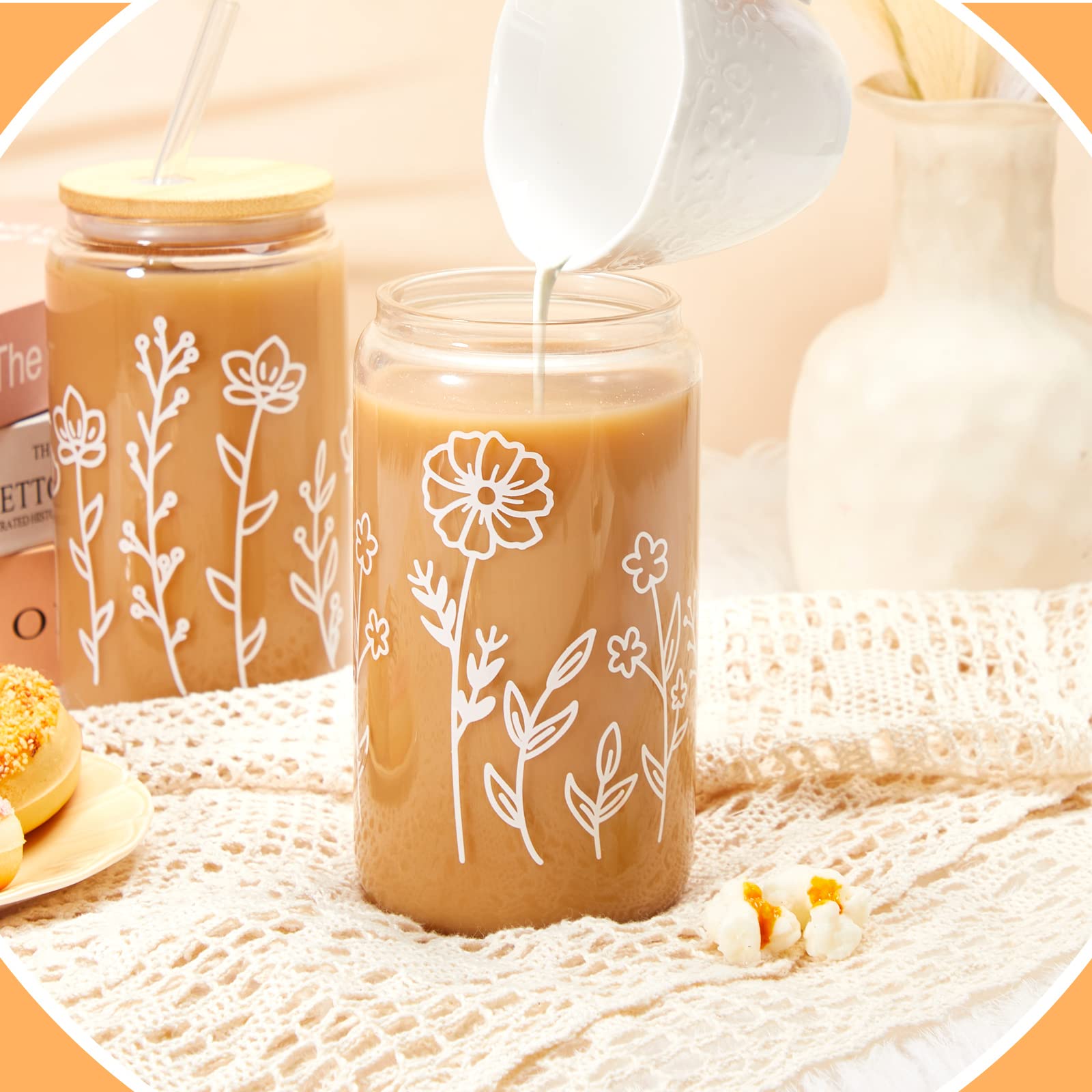 Mumufy 12 Pack Glass Cups Gift Aesthetic Cute Glass Cup Tumbler Flower Iced Coffee Mugs 16 oz with Bamboo Lid & Straw, for Wedding Birthday Bridesmaid Mom Baby Shower