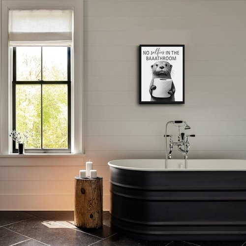 Framed Funny Bathroom Wall Art | Cute Otter Holding Toilet Paper - Black & White Canvas - 8x10in