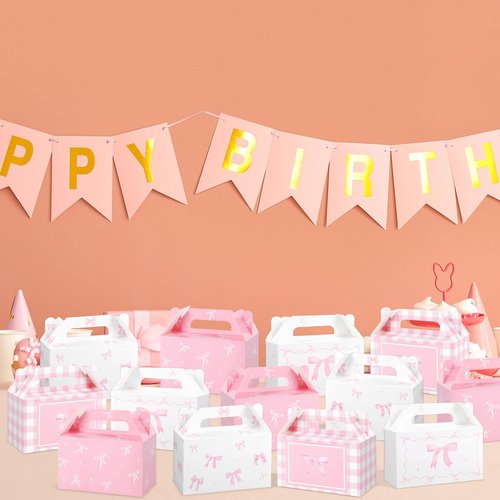 Justforjoyful 12 Pcs Pink Bow Treat Boxes Party Supplies Bow Party Favors Goodie Gift Boxes for Birthday Bachelorette Engagement Baby Shower Party Decoration Bow themed Treat Candy Box Home