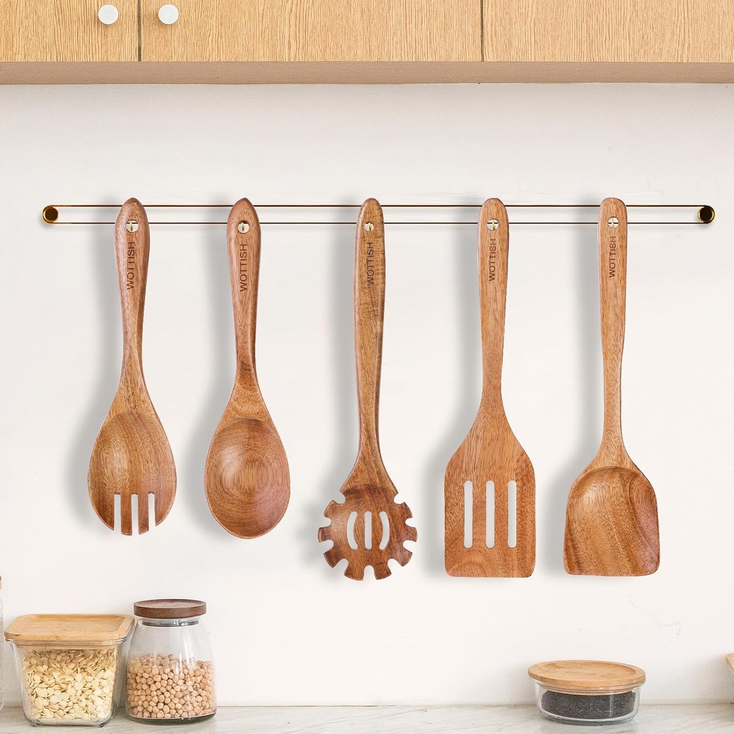 Skiennix Wooden Cooking Spoons - 5-Piece Natural Solid Wood Utensil Set | Includes Salad Spoons, Strainer, Fork & Spatula