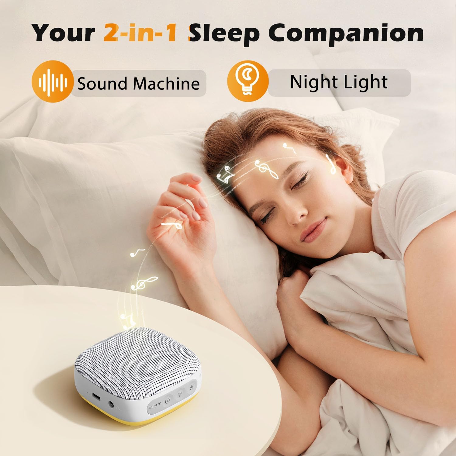 Skiennix Portable Sound Machine - 52-Hour Lasting White Noise Device with 21 Non-Looping Sounds | Ideal for Travel & Sleep (White)
