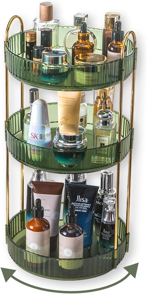Asayuee 360 Rotating Perfume Organizer - 3 Tier Large Capacity Makeup Storage | Green Cosmetic Stand