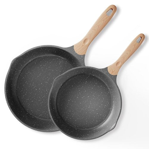 JEETEE Nonstick Frying Pans Set, Skillets Set 2 Pcs, 8" 10" Granite Non-Stick Frying pan, Nonstick Omelette Skillet with Soft Touch Handle, Grey