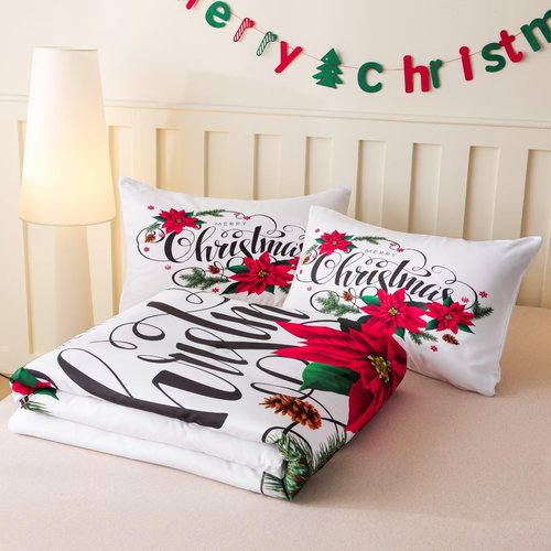 GRAT TIOC Christmas Comforter Queen,Xmas Bedding Set Set,Red Poinsettia Flowers Comforter Merry Christmas Bed Bedroom Set Home Decor for Kids Girls Women White