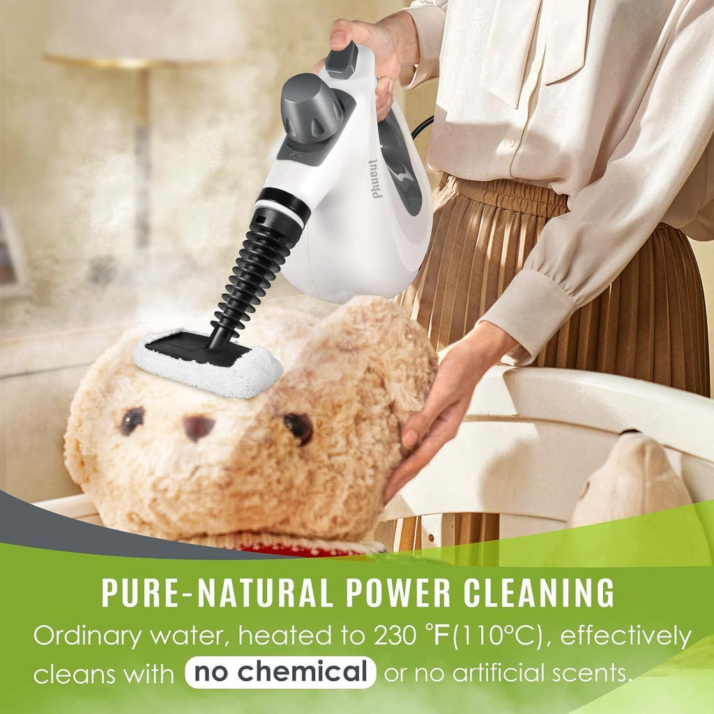 Pressurized Handheld Multi-Surface Natural Steam Cleaner with 12 pcs Accessories, Multi-Purpose Steamer for Home Use, Steamer for Cleaning Floor, Upholstery, Grout and Car (Grey) (Grey)