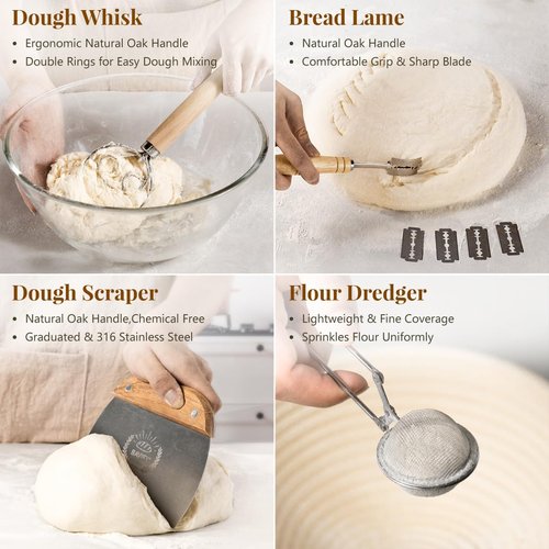 BAVIFY Sourdough Starter Kit, 9" Round & 10" Oval Banneton Bread Proofing Baskets Set with Jar, Sourdough Bread Baking Supplies Bread Making Tools, Sourdough Kit Gifts for Bakers Women