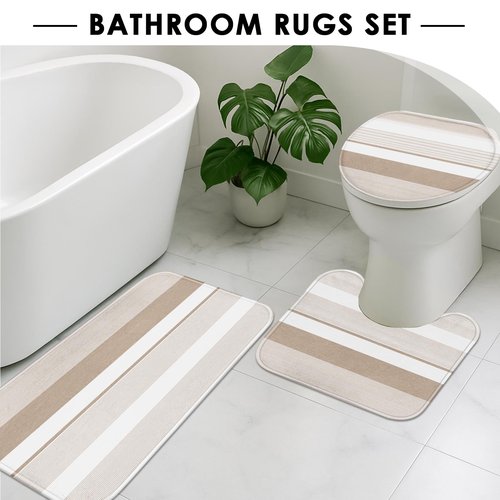 Tayney Beige Shower Curtain Set with Toilet Lid Cover and Non-Slip Rugs for Bathroom, Modern Striped Lines 4 Pcs Shower Curtain, Simple Abstract Bathroom Set with 12 Hooks