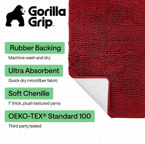 GORILLA GRIP Bath Rug Mat - Thick Soft Absorbent Chenille | Quick Dry Microfiber, 24x17, Red